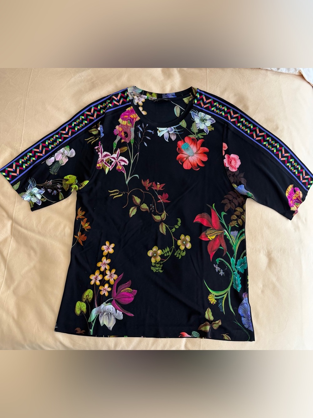 Etro Black Floral Long Sleeve Tee with Multicolor Blooms